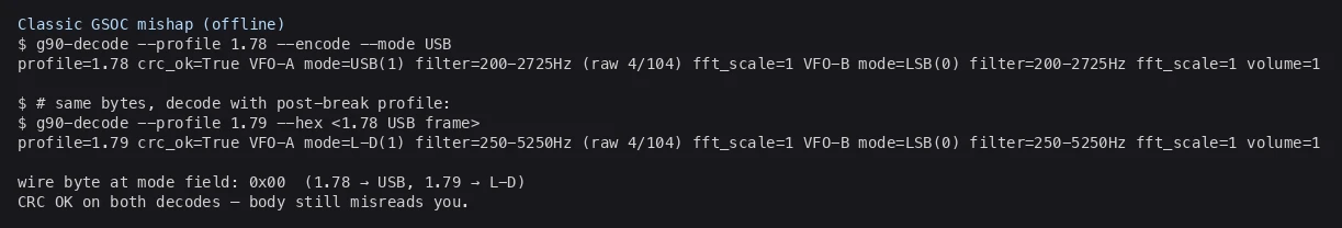 Classic GSOC mishap: encode USB as 1.78, decode as 1.79 → L-D